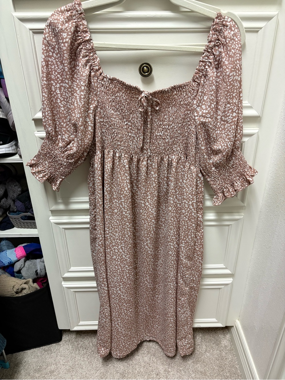 Smocked Puff Sleeve Midi Dress in Dusty Rose Print (maternity friendly) Medium
